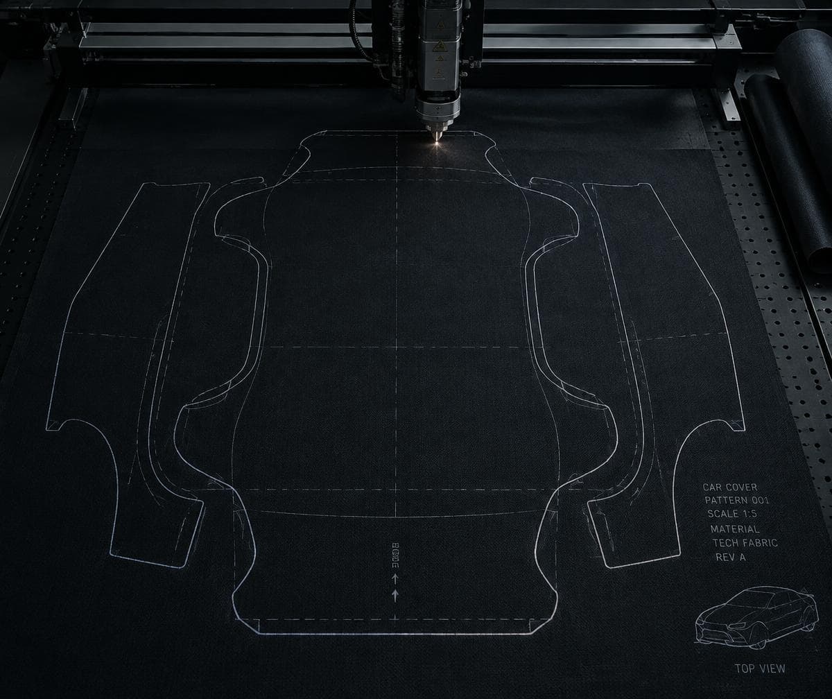 A CNC cutting head tracing a car-cover pattern outline on dark technical fabric